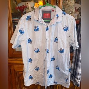 Men’s White Blue Pinstripe Flowers Button Shirt